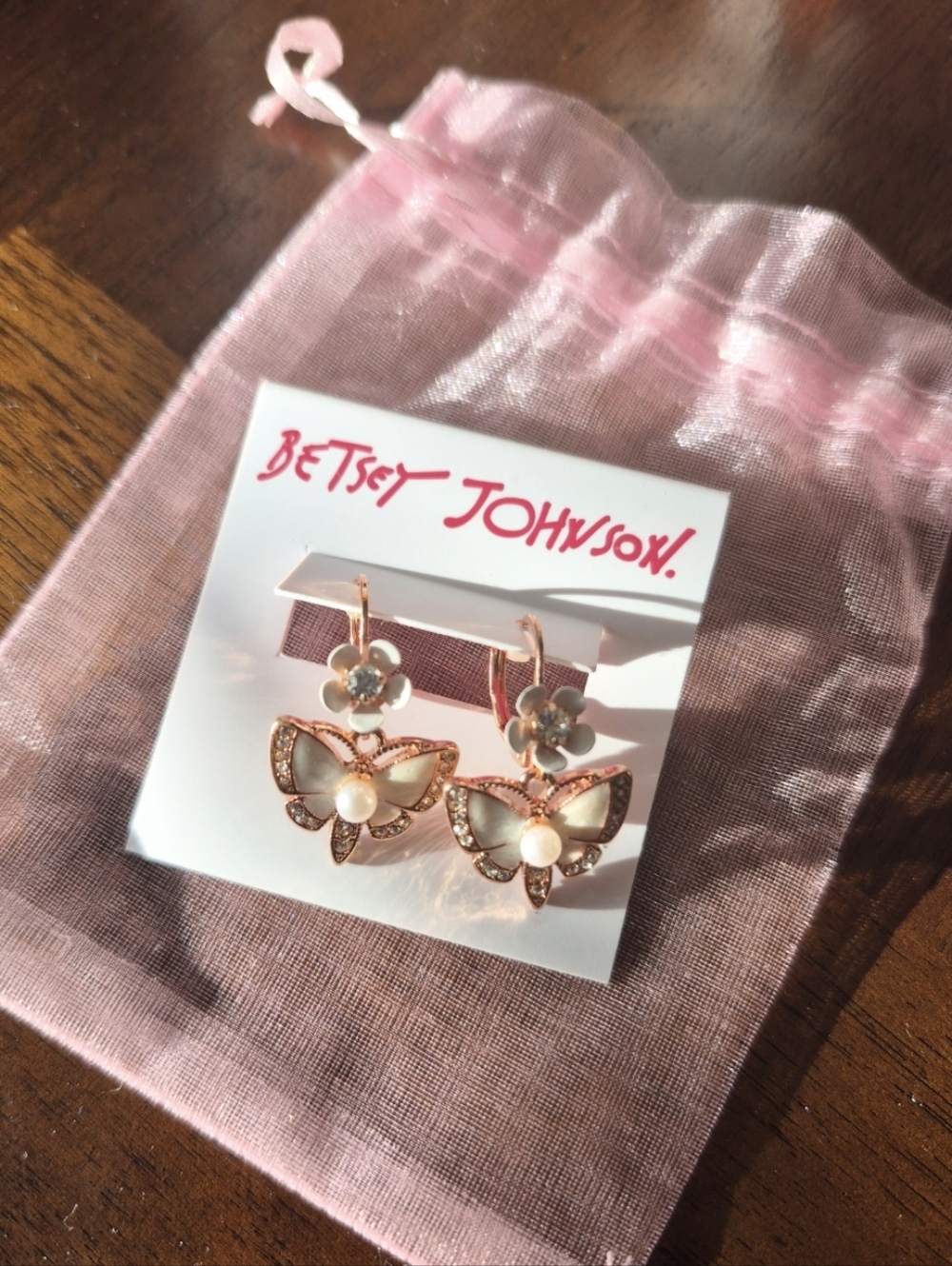 Betsey Johnson Rose Gold Butterfly & Pearl Drop Earrings